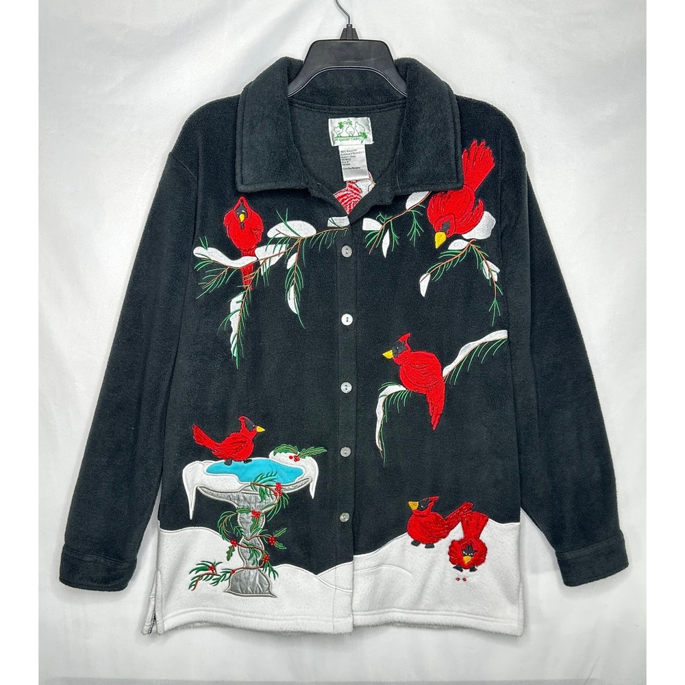 Quacker Factory Womens Fleece Jacket Black Cardinal Bird Winter Embroidered Sz M